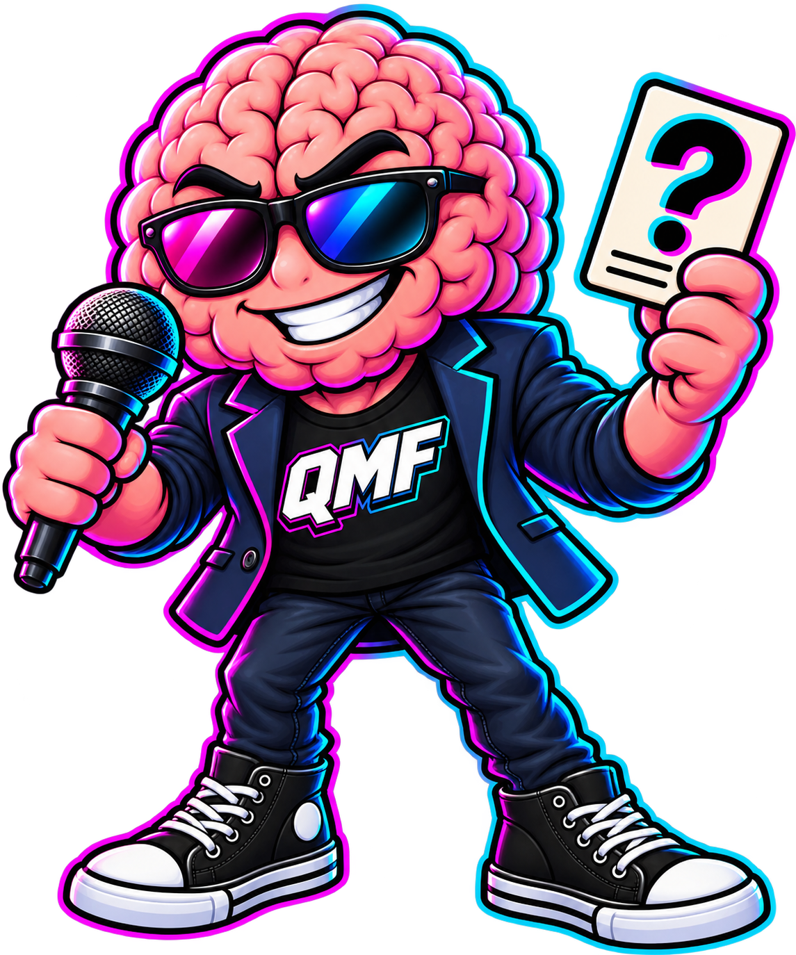 QuizMaster Flex neon brain mascot holding a microphone and trivia card
